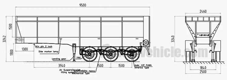 Drawing of 3 Axle Crawler-Type Tipper Dump Box Trailer